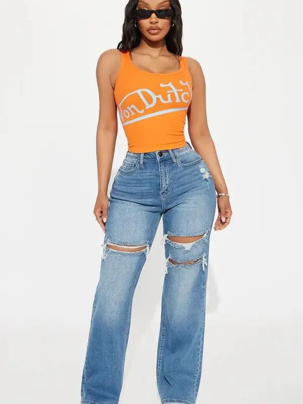 Petite Remi Ripped Stretch Baggy Jeans - Medium Wash