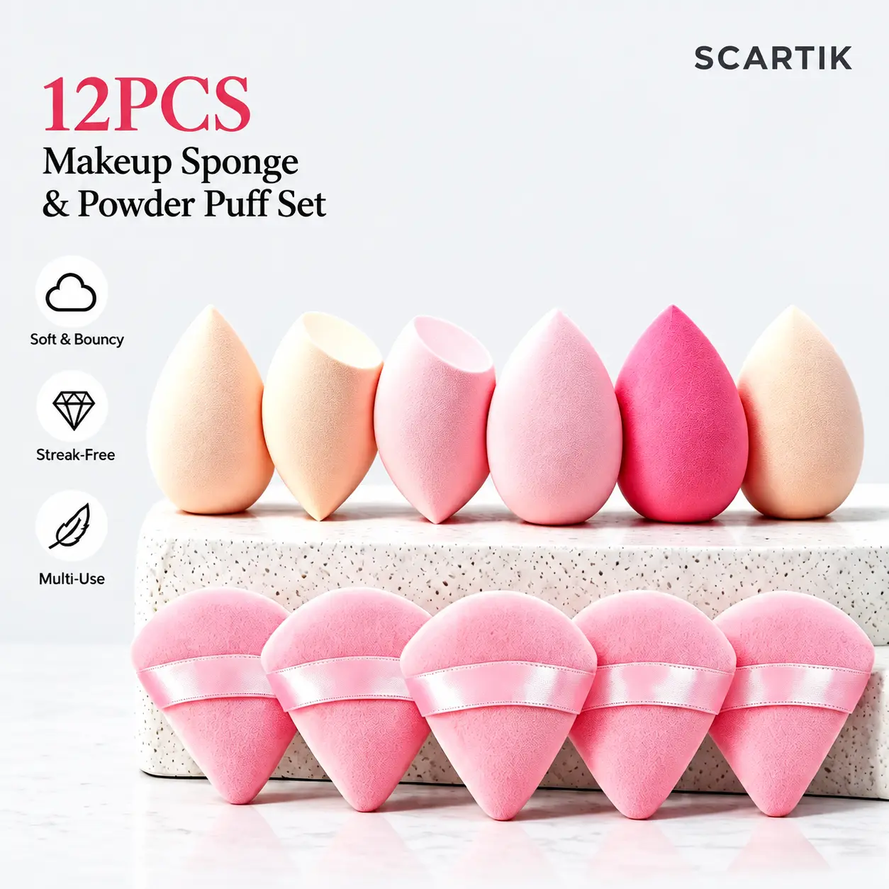 Scartink 12PCS Sponge & Puff Makeup Set - Bounce & Softness Beauty Blenders, Triangle Puffs with Finger Straps for Foundation Blending, Setting Powder Application