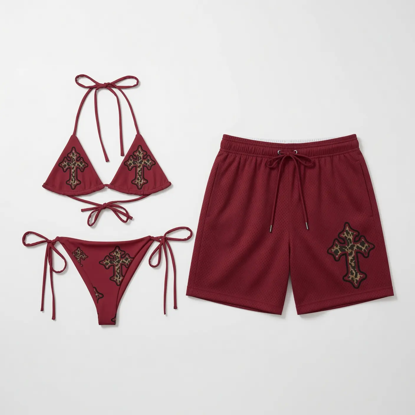 Burgundy Cross Matching Couple Swimwear Set, Leopard Print Cross String Bikini and Hawaiian Shorts, His and Hers Beach Vacation Outfit Gift