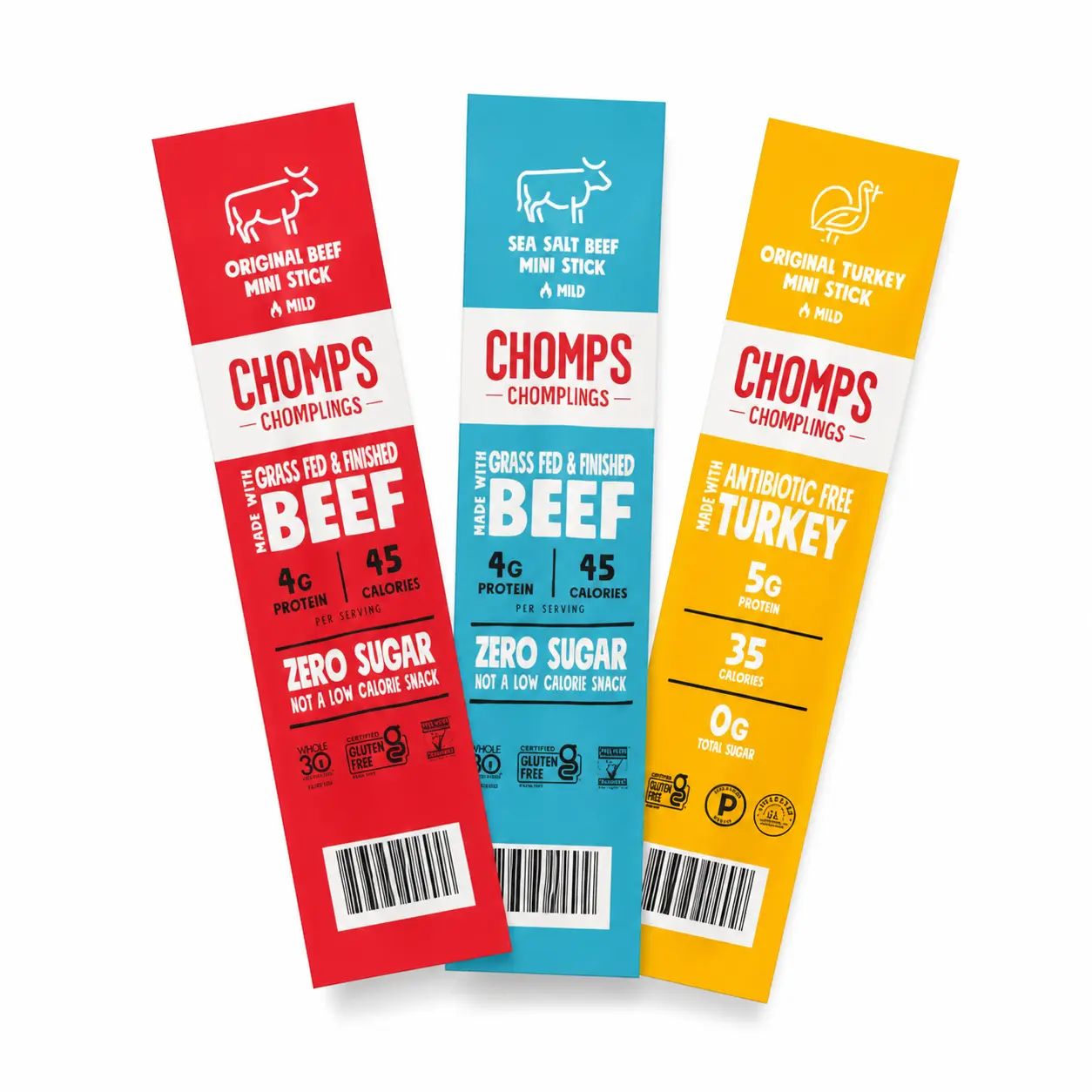 Chomps Chomplings Sampler - Sea Salt Beef, Original Turkey & Original Beef (18 ct)