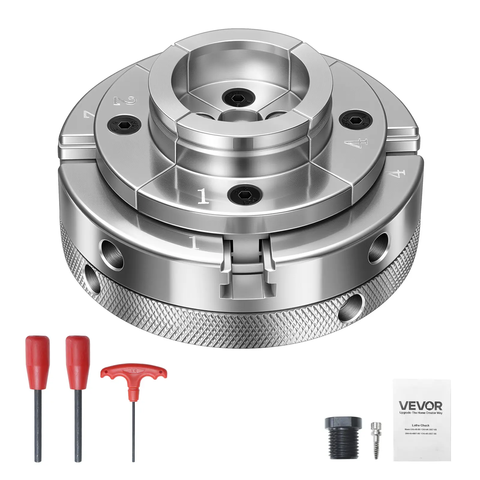 VEVOR 4 Inch Wood Lathe Chuck, 4-Jaw, Self-Centering Wood Turning Chuck Set with 1" x 8TPI Thread & Adapter, Nickel-Plated, High-Hardness Steel, Inside Clamping & Outside Support, for Woodworking