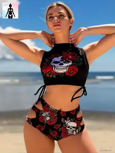 Aura Swim 2026 Geometric Print Halter Neck 1-Piece Bathing Suit - Ring Detail, Cutout Waist, Ruched Tummy Control, Curvy Size-Inclusive Elegant Beachwear for Summer Vacations, Pool Parties