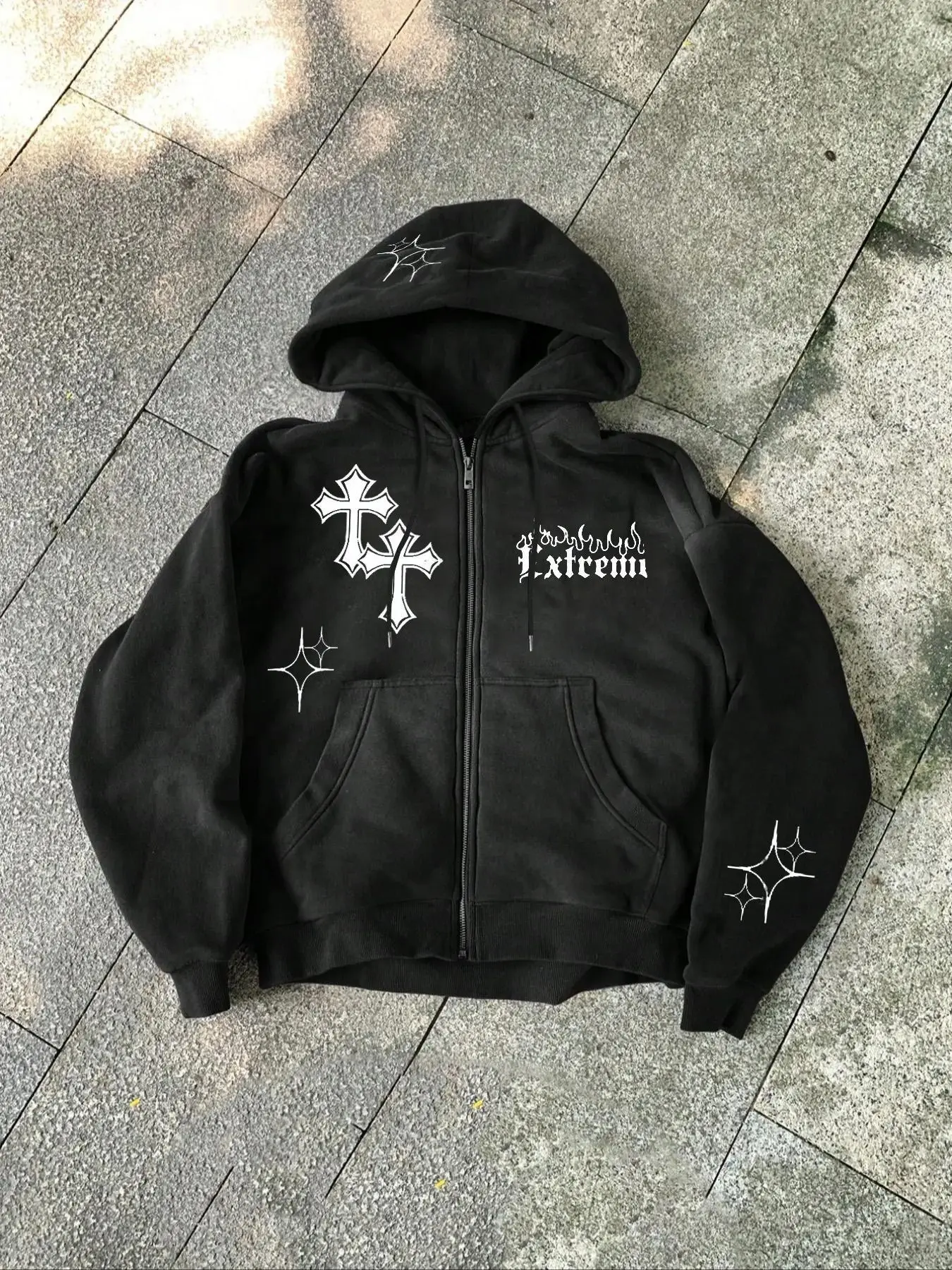 Gothic Cross Graphic Zip Hoodie Sweatshirts, Long Sleeve, Futuristic Street Style Casual Streetwear, Oversized Fit, Urban Trendsetter, Fall & Winter Fashion