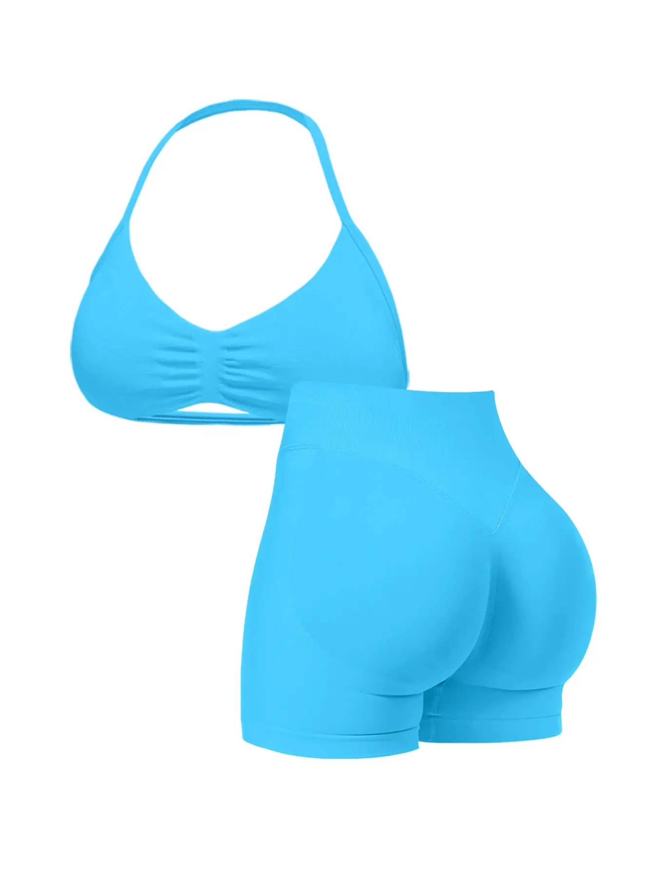 New Women's Seamless Knitted Sport Set, Activewear Workout Fitness Clothing, Halter Sports Bra, Three-Section High Waist Shorts, Open Back Design, Ideal for Yoga and Gym, Matching Workout Set