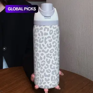 32oz Leopard Print Dual-Drink Sports Water Bottle, Stainless Steel Vacuum Insulated, Large Capacity Fruit Cup, Perfect Gift for Women, Straw #GLOBAL PICKS