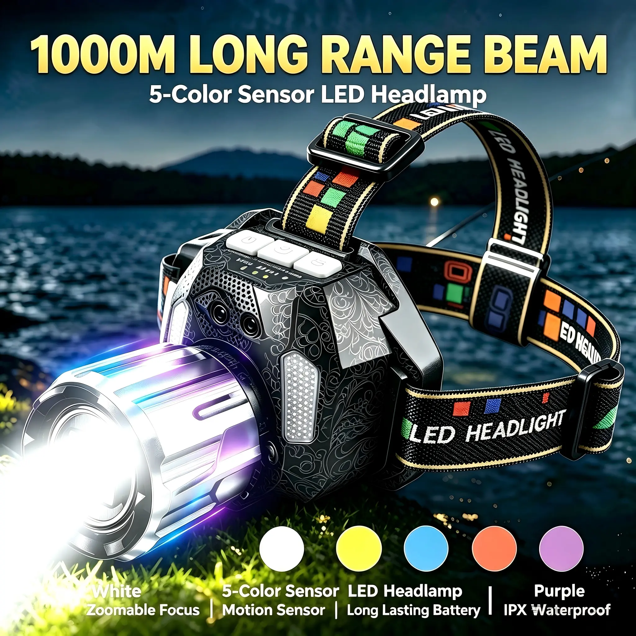 Ultra Bright Zoom Headlamp with Adjustable Strap, Zoom Lens, 1000M Range, 5-Color LED, Waterproof Outdoor Tool for Camping Hiking, Night Trails