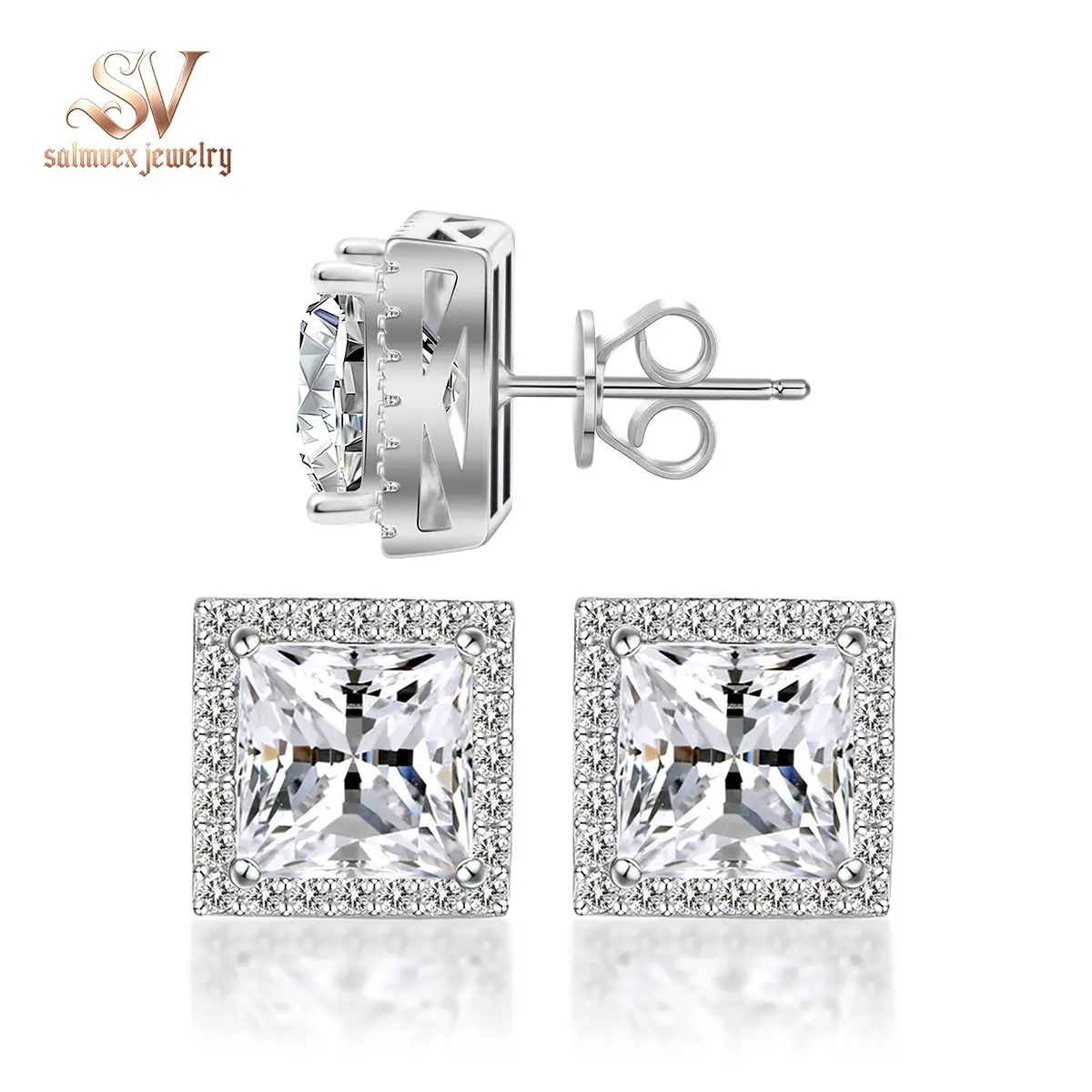 Salmvex Jewelry Princess Halo Stud Earrings Lab-Created Moissanite Stud Earring S925 Sterling Silver Jewelry Perfect Birthday Mother’s Day Christmas Gift for Men Women Wedding Set