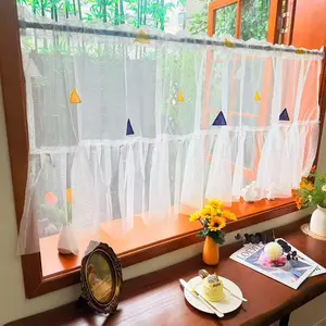 Triangle Print Short Curtain, Feng Shui Half Curtain, Geometric Pattern Kitchen Bathroom Window Cover, No Drilling Nordic Style Small Curtains