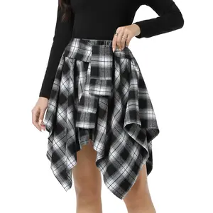 Women's High-Waist Polyester Plaid 3 Layered Asymmetric Hem Athletic Skirt - Elastic Waist, Tiered Layers, Knee-Length, Casual Comfortable Summer Bottom for Going Out, Streetwear Trendy Asymmetric Print Skirts, 3 Layered Skirts