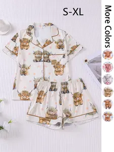 Women's All Over Print Pajama Two-piece Set, Casual Comfy Short Sleeve Top & Elastic Waist Shorts Loungewear Set, Ladies Summer Sleepwear