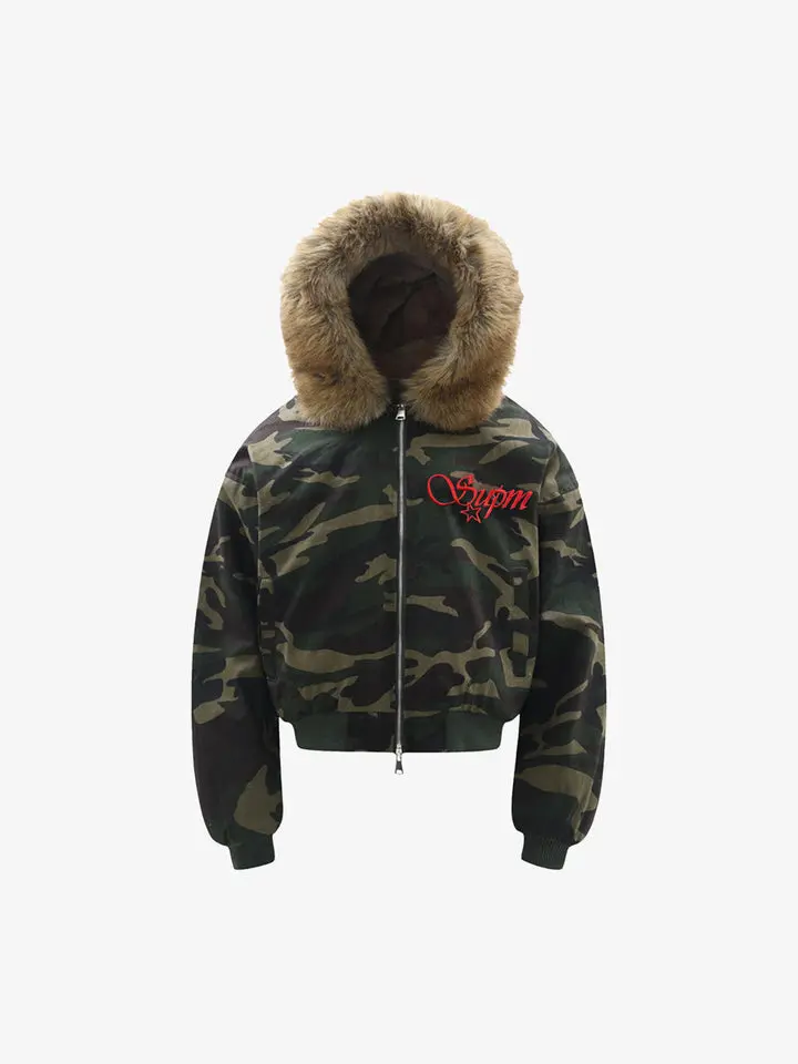 Supermade Men's Camouflage Nylon Streetwear Coat with Detachable Faux Fur Hood and Embroidered Patch, Tops, Fashion, Fabric