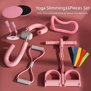 Yoga fitness set consisting of 4-piece and 11 piece sets, foot pedal resistance band, leg beauty device, yoga ring, and figure eight resistance band.RAIMENTRY