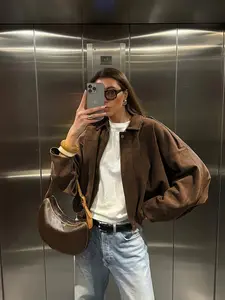Ladies' retro Chic Loose suede jacket, bomber jacket, artificial leather long-sleeved single-breasted short coat, Outerwear, with pockets and metal buttons, windproof for autumn and winter Essential