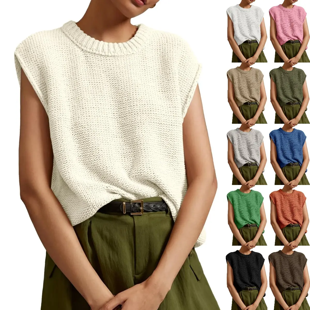 Goranbon Womens Crewneck Vest Fashion Sleeveless Pullover Sweaters Rib Knit Casual Loose Tanks Off-White