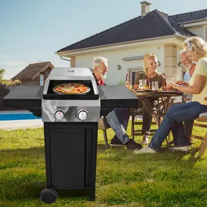 Steel BBQ 2 Burner Gas Grill and Pizza Oven for Outdoor Cooking While Camping or Tailgating with Automatic Ignition System and 2 Big Wheels