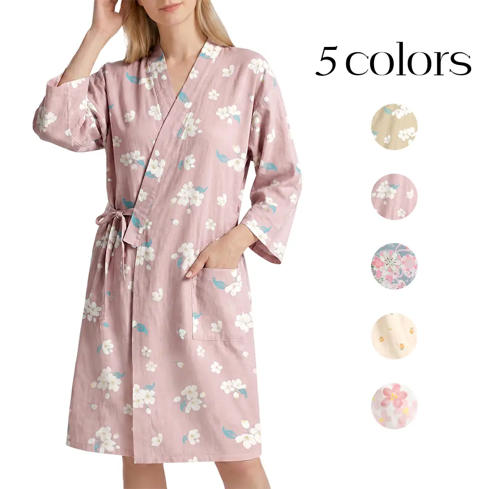 Yimoon Cotton Robes for Women Kimono Gauze Bathrobe Sleepwear Yukata| Lightweight Cotton Bathrobe,Floral Sauna Loungewear,Cotton Muslin Robe,with Wrap Belt and Pockets