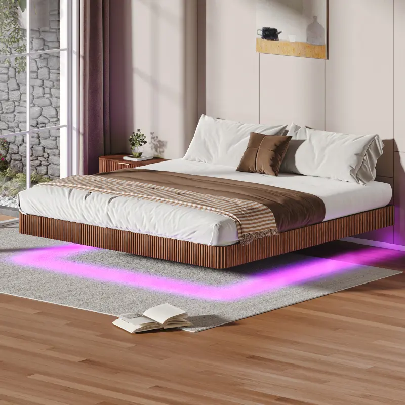 Japanese Style Floating King Bed Frame, Low Metal Platform Bedframe with LED Lights, Modern Fluted Design, No Headboard, No Box Spring Required, Easy to Assemble, Walnut Finish, Japanese Style Floating Bed Frame