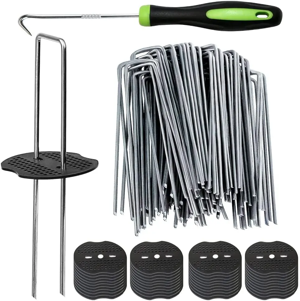 101-Piece Ergonomic Galvanized U-Shaped Garden Stakes Kit - 50 Pack 6-in Heavy-Duty Steel Wire Ground Anchors (1-13/32-inch Width, Strong Soil Grip), 50 Fixing Gaskets, 1 Pick Hook for Weed Barrier Cloth, Landscaping