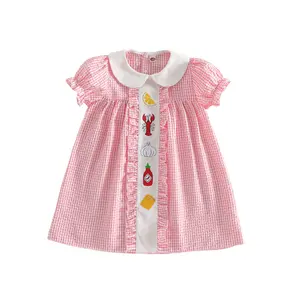 Toddler Little Baby Girl Summer Dress Crawfish Boil Embroidered Dress Short Sleeve Doll Collar Plaid Dresses Clothes