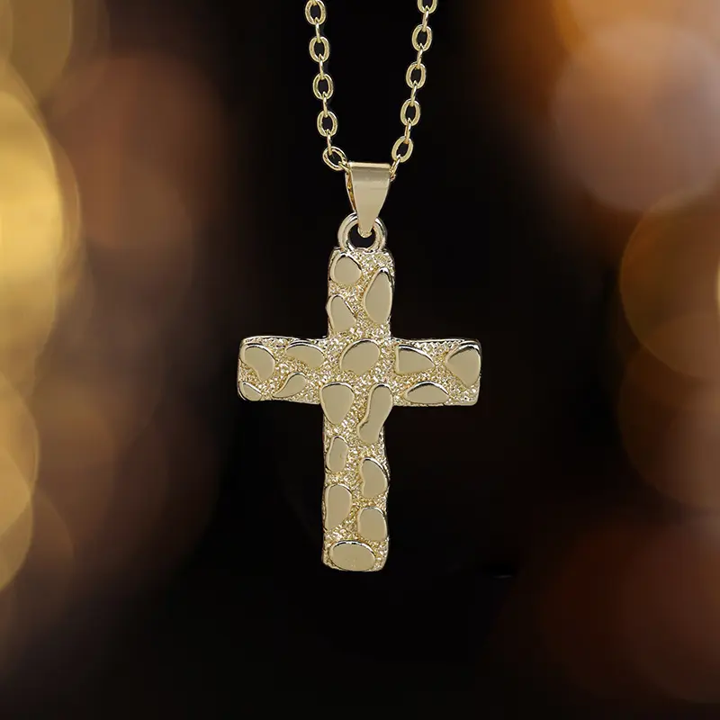 Stainless Steel Cross Necklace, Minimalist Long Nugget Pendant in Silver or Gold Tone, Unisex Religious Jewelry Gift for Daily Wear, Unisex Accessory, Copper, Crucifix Nugget, Female, Metal Coating