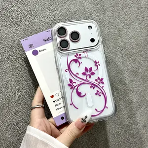 Magnetic Purple Floral Pattern Phone Case with Wireless Charging Support for iPhone 17-13 Pro Max/Plus/Air. Shockproof and slip-resistant protective case—a must-have for fashionable women—compatible with iPhone 17 Pro Max/iPhone 17 Pro/iPhone 16 Pro Max.