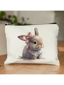 1pc, Adorable Pink Bow Rabbit Pouch, Sturdy And Colorfast Zipper Bag, Lightweight Collapsible Travel Organizer, Double-Sided Printed Makeup Case, Versatile Large Capacity Bag, Gift for Rabbit Lovers, Present for Friends, Birthday Surprise