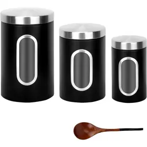 Black Kitchen Counter Canister set 3 count, 0.9/1.6/2.9 Quarts Stainless Steel Flour Sugar  Coffee Biscult Storage Containers with with Long  Spoon&Visible