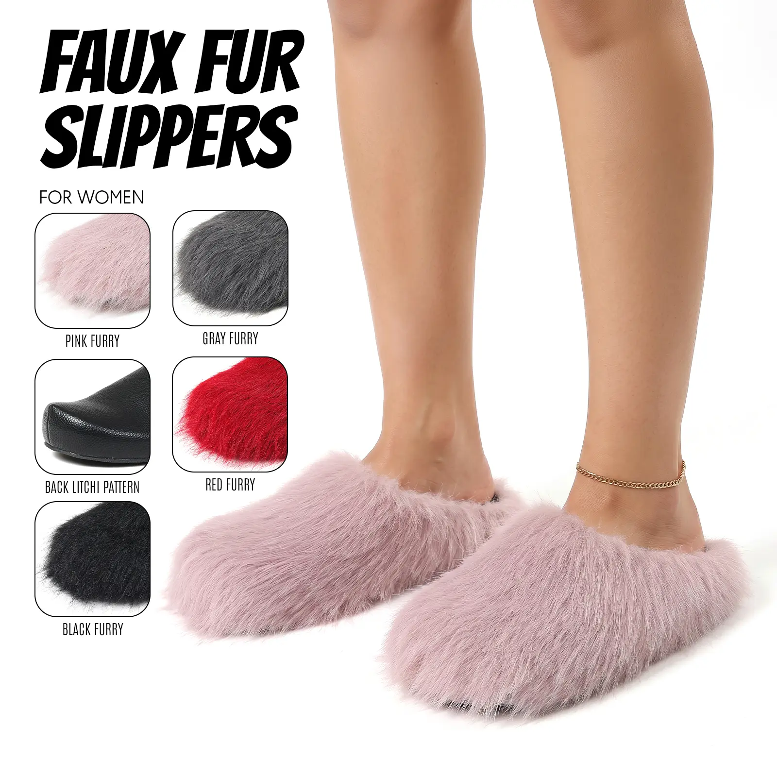 Faux Fur Slippers For Women  Faux Fur Mules Round Toe Flat Heel Slip On Comfy Cozy Warm Plush Fuzzy Foam Party Indoor Outdoor House Fashion Slides House Slippers