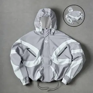 Men’s color-block hooded windbreaker jacket, techwear with zip pockets, windproof casual streetwear outdoor coat; color-block techwear hooded windbreaker Menswear Tops Geometric