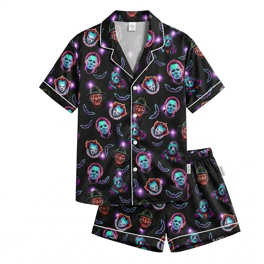 Horror Satin Short Sleeve Pajama Set, Michael Myers Pennywise Jason Freddy Slasher Character Print, Halloween Gift for Horror Lovers