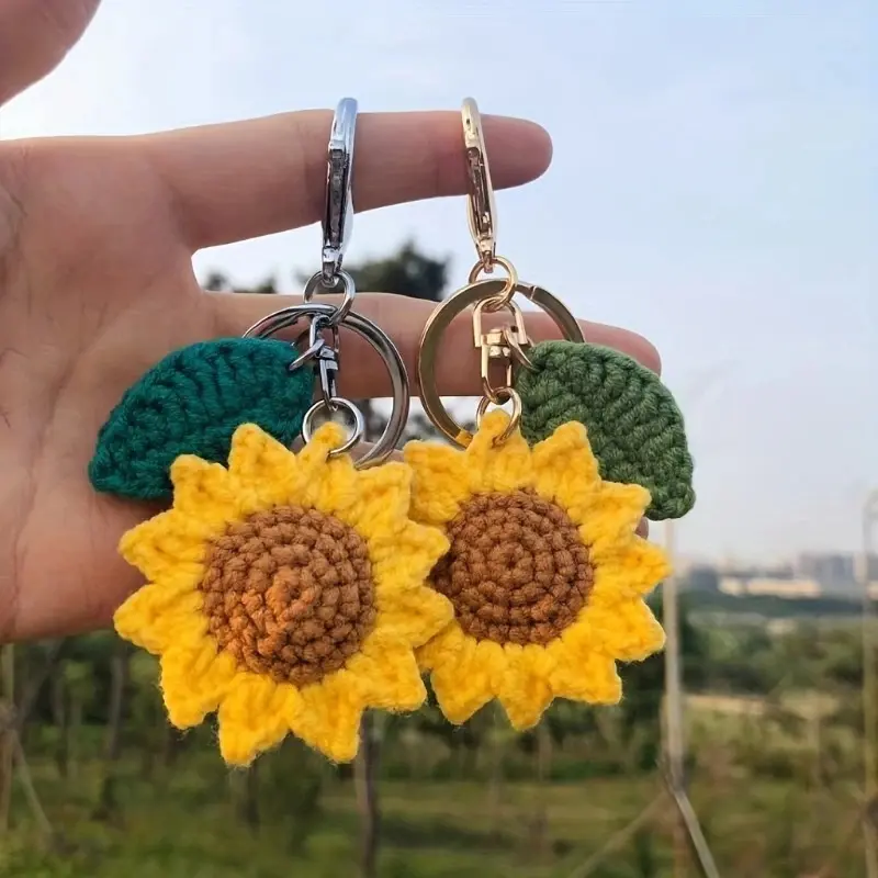Women's 2-Pack Handmade Crochet Sunflower Rose Keychains - Kawaii Accessories, Durable Car Decor, Cute Bag Charm, Christmas Holiday Gift