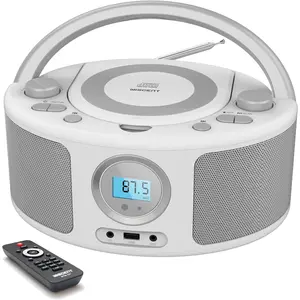 Portable CD Player Boombox with , FM Radio, Remote Control, USB Port and 3.5mm AUX Headphone Jack, Clear Stereo Sound, 4 Watts of Audio, AC/