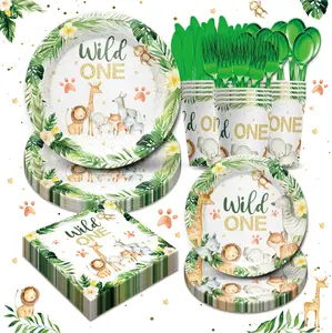 168Pcs Wild One Birthday Party Supplies for Girls Tableware Set - Animal Birthday Decorations Include Plates, Napkins, Cups, Cutlery, Animal Jungle Theme Wild One Party Supplies | Serves 24