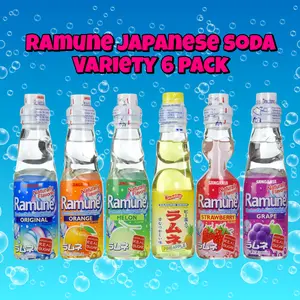 Ramune Japanese Soda Variety 6 Pack Lemon Beverage Strawberry