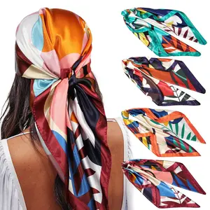 AWAYTR 35” Silk Like Square Headscarf 4Pcs Large Bandana Head Kerchief Fashion Pattern Hair Scarves for Women Head Wrap