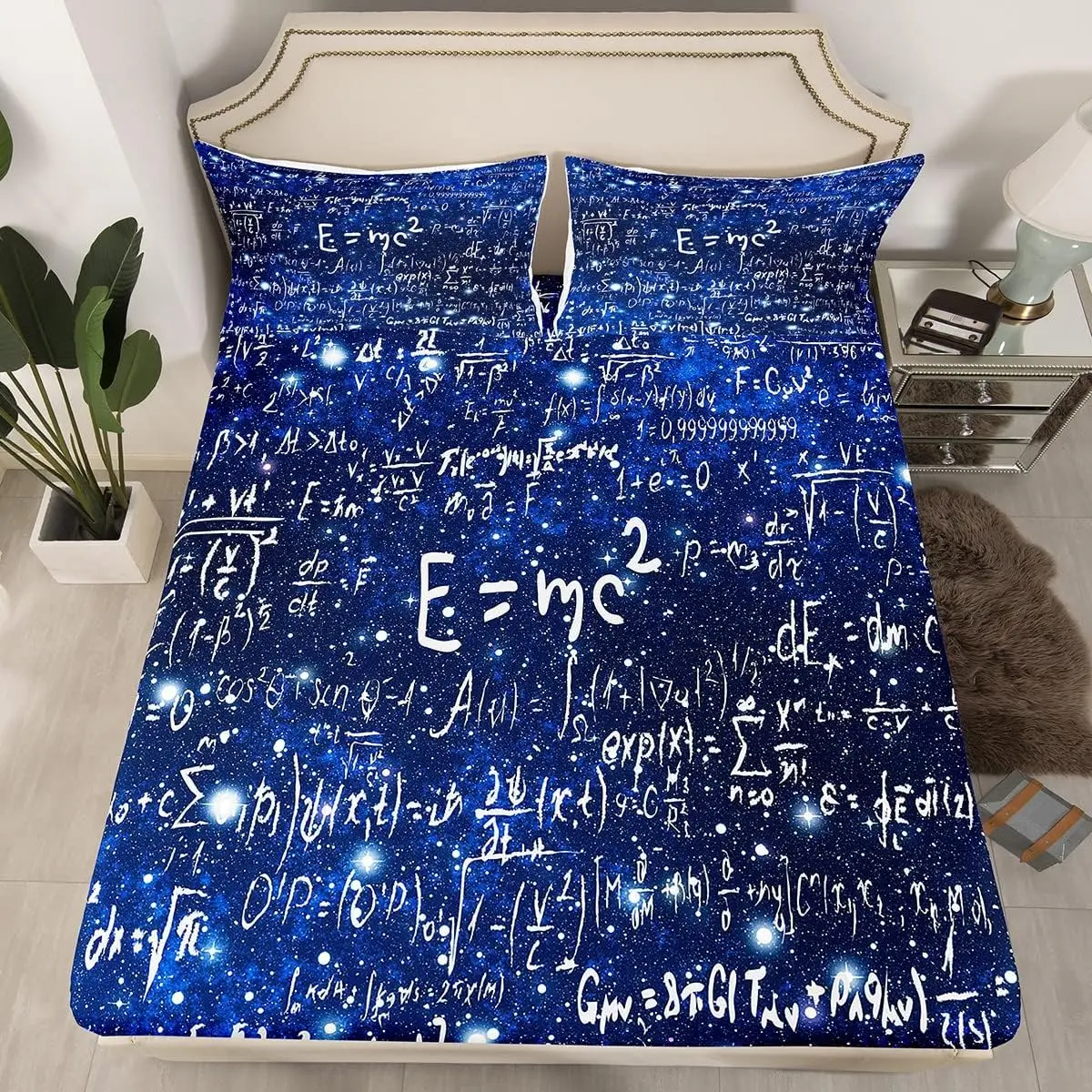 Feelyou Queen Size Luxury Soft Microfiber Bedding Set - Blue 3D Math Equation Science Printed, Machine Washable Bedsheet Sets with Fitted Sheets for Modern Bedroom Decor
