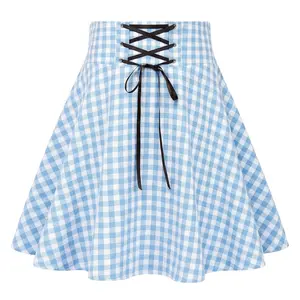 IDEALSANXUN Women's High Waist Pleated A-Line Short Mini Skirt - Lace Plaid Fabric Bottom, Goth Clothes Gothic Dark Academia Style, Kawaii Corset Skater Skirt for Spring Summer Flared Fashion summerwins, Check, Mini Skirts