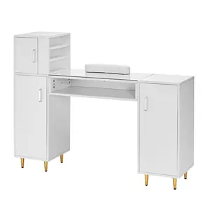 VEVOR Manicure Table,  Glass Top Nail Desk, Makeup Dressing Nail Station with Storage Cabinets, Acetone-Resistant Nail Tech Table for Beauty Salon Spa Workstation with 8 Metal Legs, Wrist Rest, White