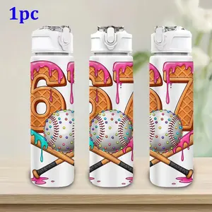 1pc Ice cream baseball 67 pattern 750Ml/26Oz Plastic Sports Water Bottle, Sports drinking bottle, Cute Printed Design, Leak-Proof with Pop-Up Lid, for Outdoor Activities, Fitness, Cycling, Yoga, a Gift for Birthdays, Christmas
