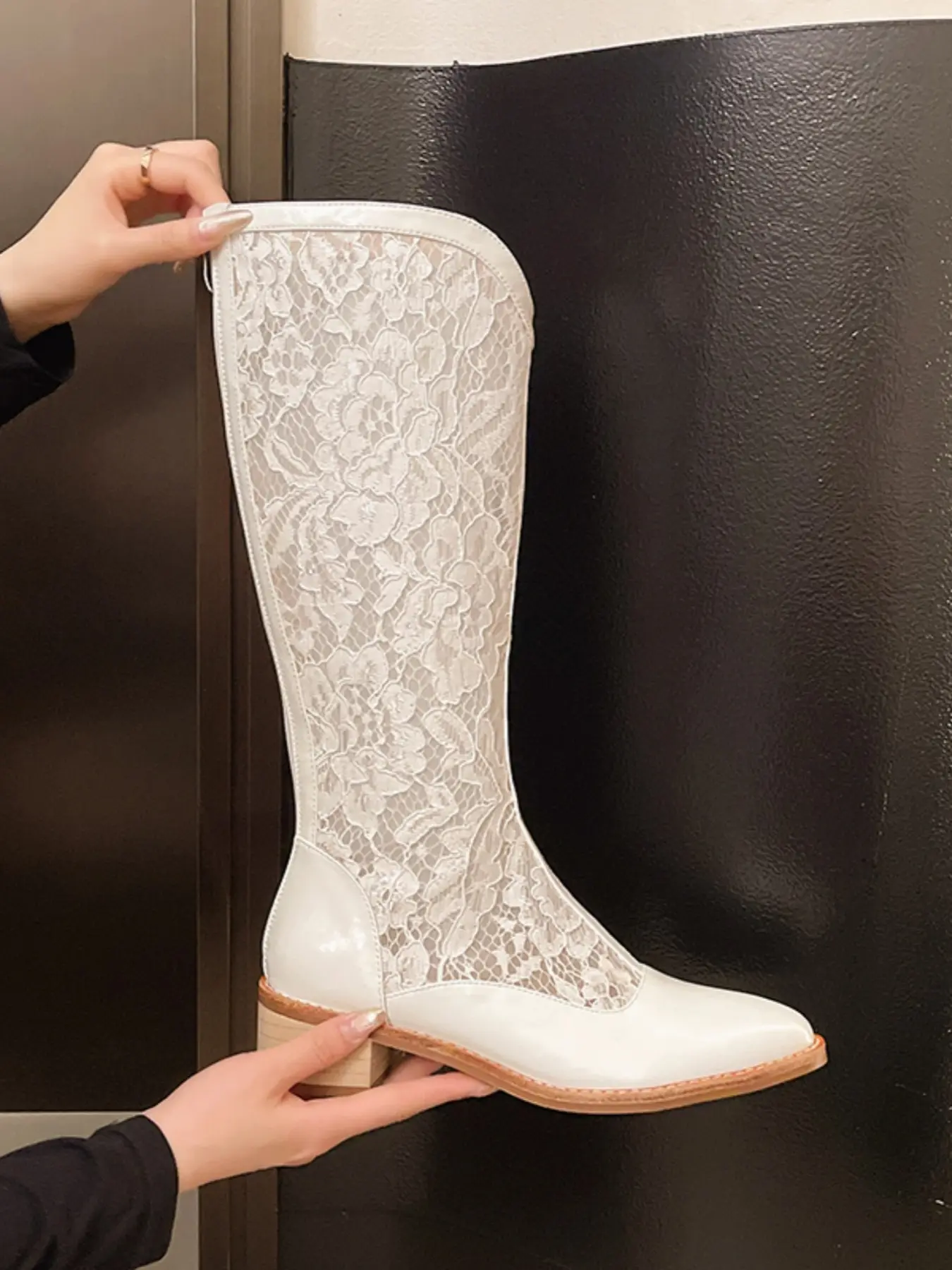 Women's Lace Knee High Boots Pointed Toe Mid Heel Dress Boots Sheer Floral Boots for Wedding Party Date Night Spring Summer Outfits Footwear