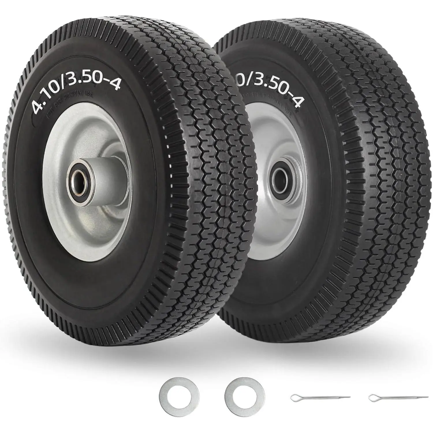 4.10/3.50-4" Flat Free Tire and Wheel, 10" Solid Tire with 5/8" Axle Bore Hole, 2.2" Offset Hub for Hand  Garden Wagon Cart Trolley  Lawn Mover Replacement