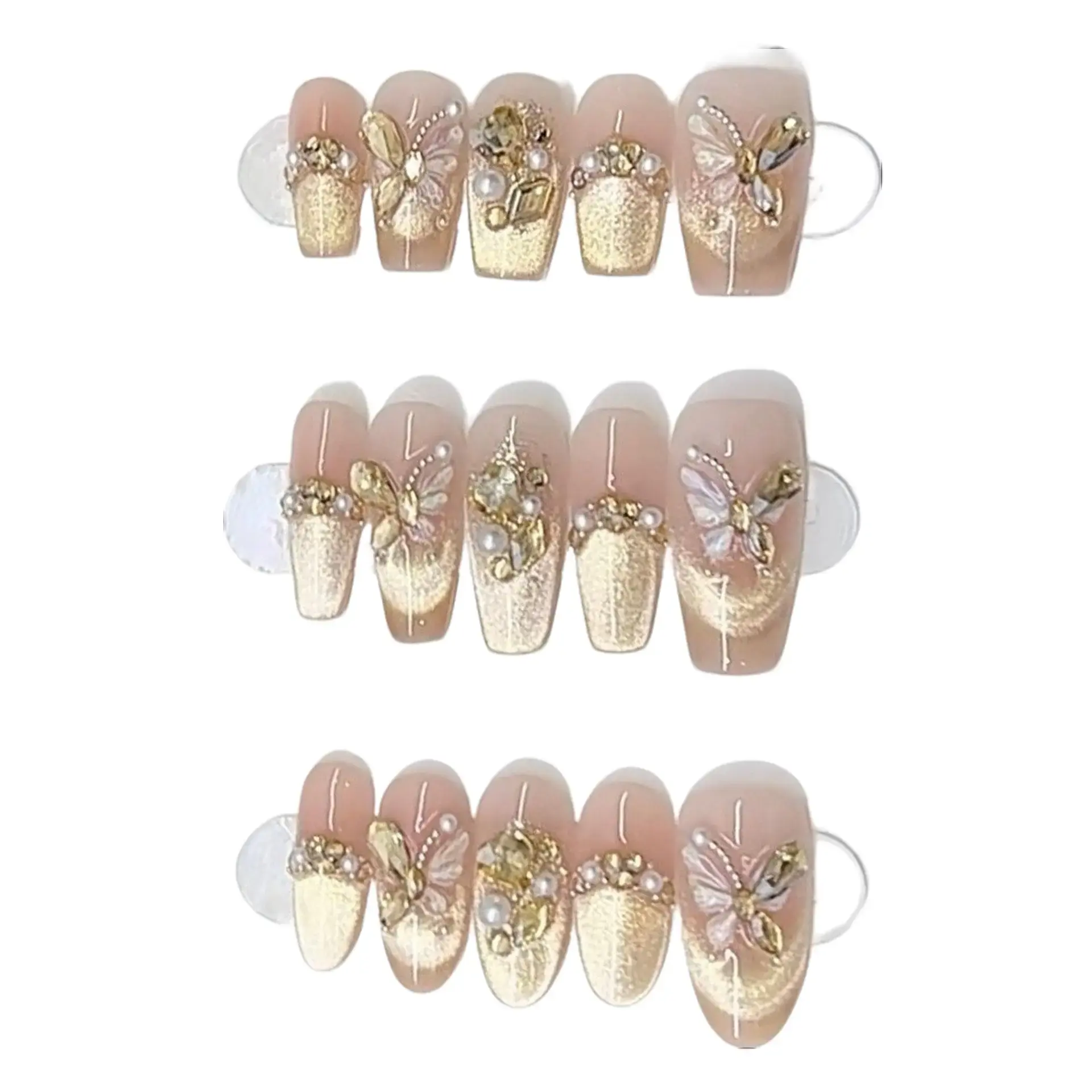 Elegant Art Press-on False Nails, nz-030-short, Hand-Painted with 3D Butterfly, Pearl, Gold Gradient Halo, Reusable Acrylic, Press-On Type