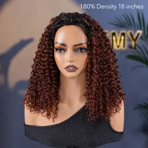 Wavymy Ombre Reddish Brown Kinky Curly Upgrade 3 In 1 Drawstring Half Wigs No Lace No Glue Human Hair