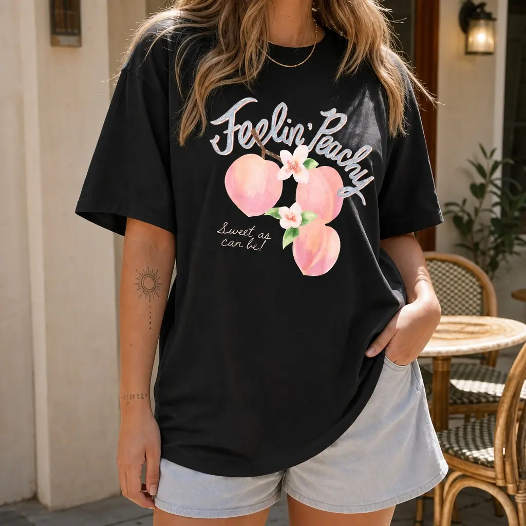 Womens Summer Novelty Tee Feelin Peachy Peach Flower Printed Short Sleeve Oversized Tshirt Casual Lounge Daily Going Out Wear Vintage Fruit Style Top For Women