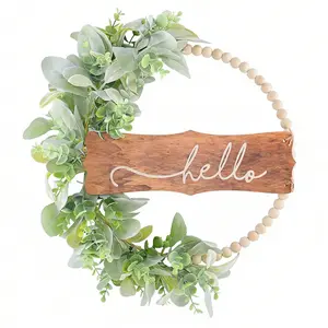 Green wreath for the front door featuring wooden beads and artificial lamb ear leaves, suitable for home decoration; green leaves for spring/summer (for wedding decorations).