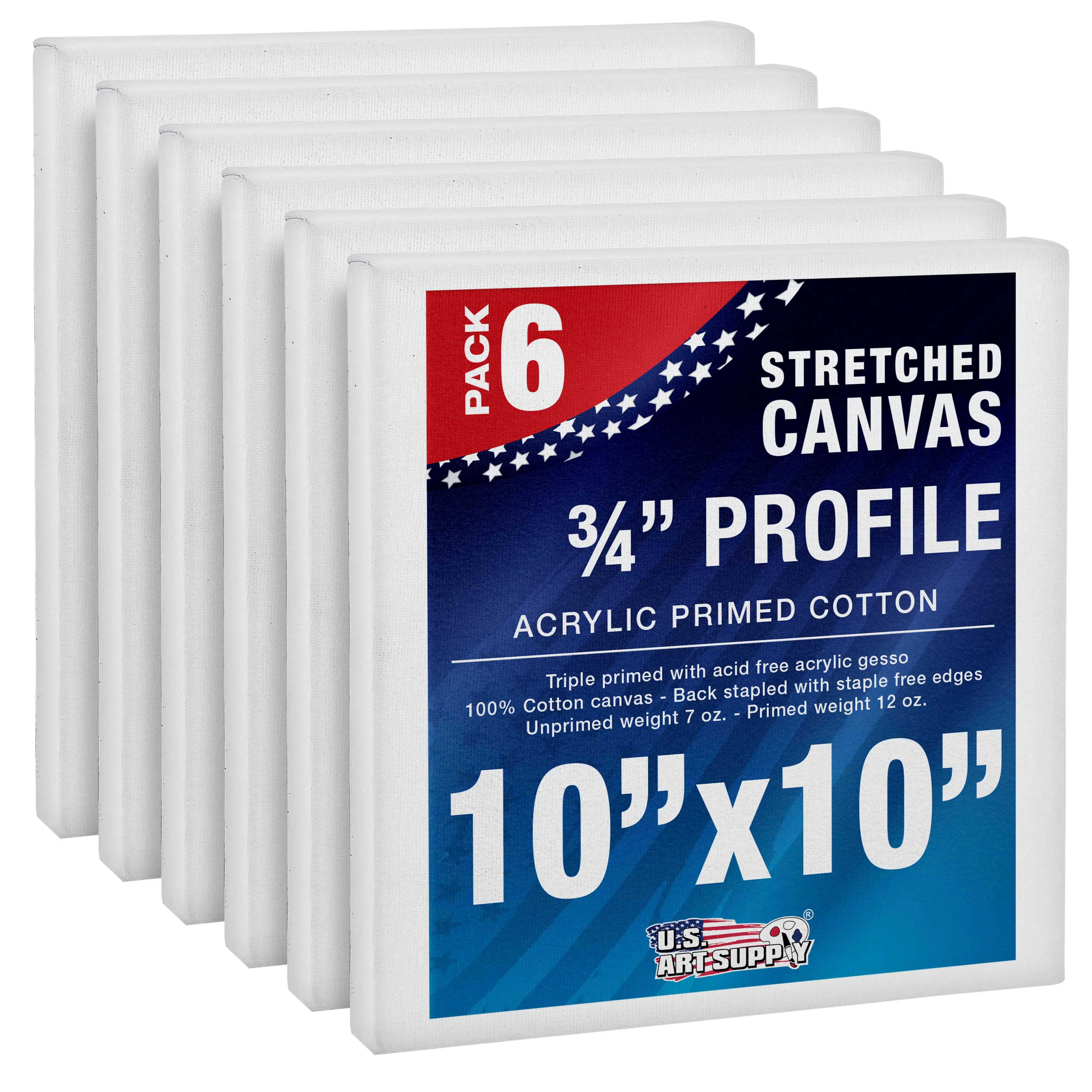 10 x 10 inch Stretched Canvas 12-Ounce Triple Primed, 6-Pack - Professional Artist Quality White Blank 3/4" Profile, 100% Cotton, Heavy-Weight Gesso