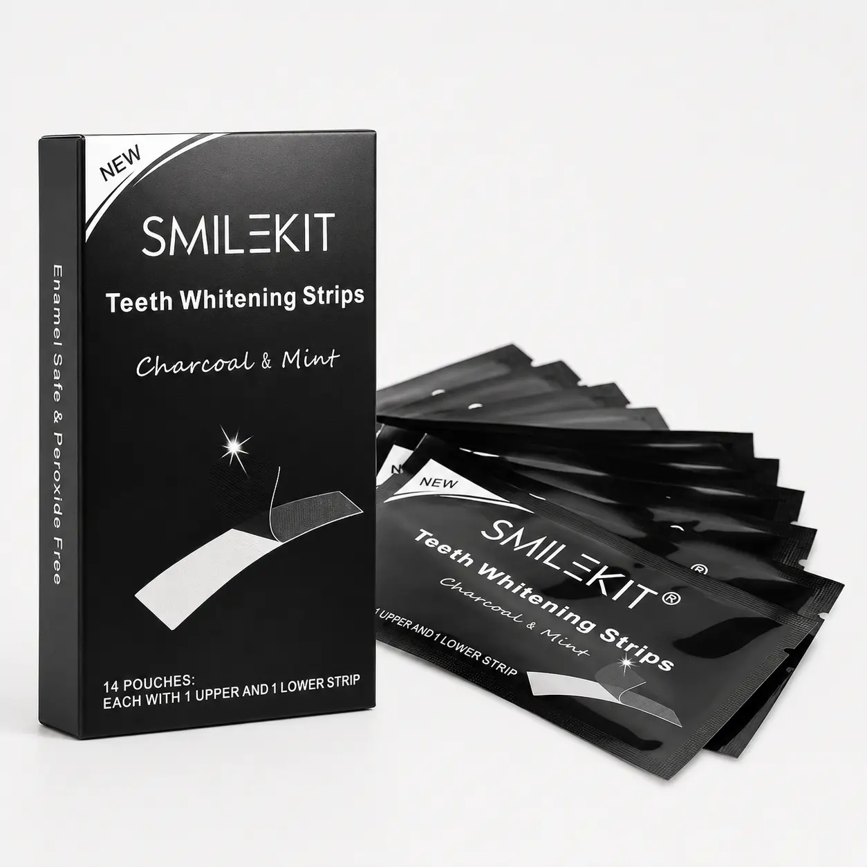 SmileKit Bamboo Charcoal Teeth Whitening Strips for Oral Care - Gentle, Enamel Safe, Peroxide-Free, Fresh Mint Flavor - Single Box for Adults