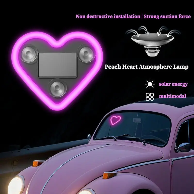 2026 New Solar Powered Wireless LED Triangle & Heart Shape C-Pillar Neon Ambient Lights, Eco-Friendly Energy Saving Modern Stylish Car Interior Mod Decor Lamps Fit Sedan SUV Truck All Automotive Models