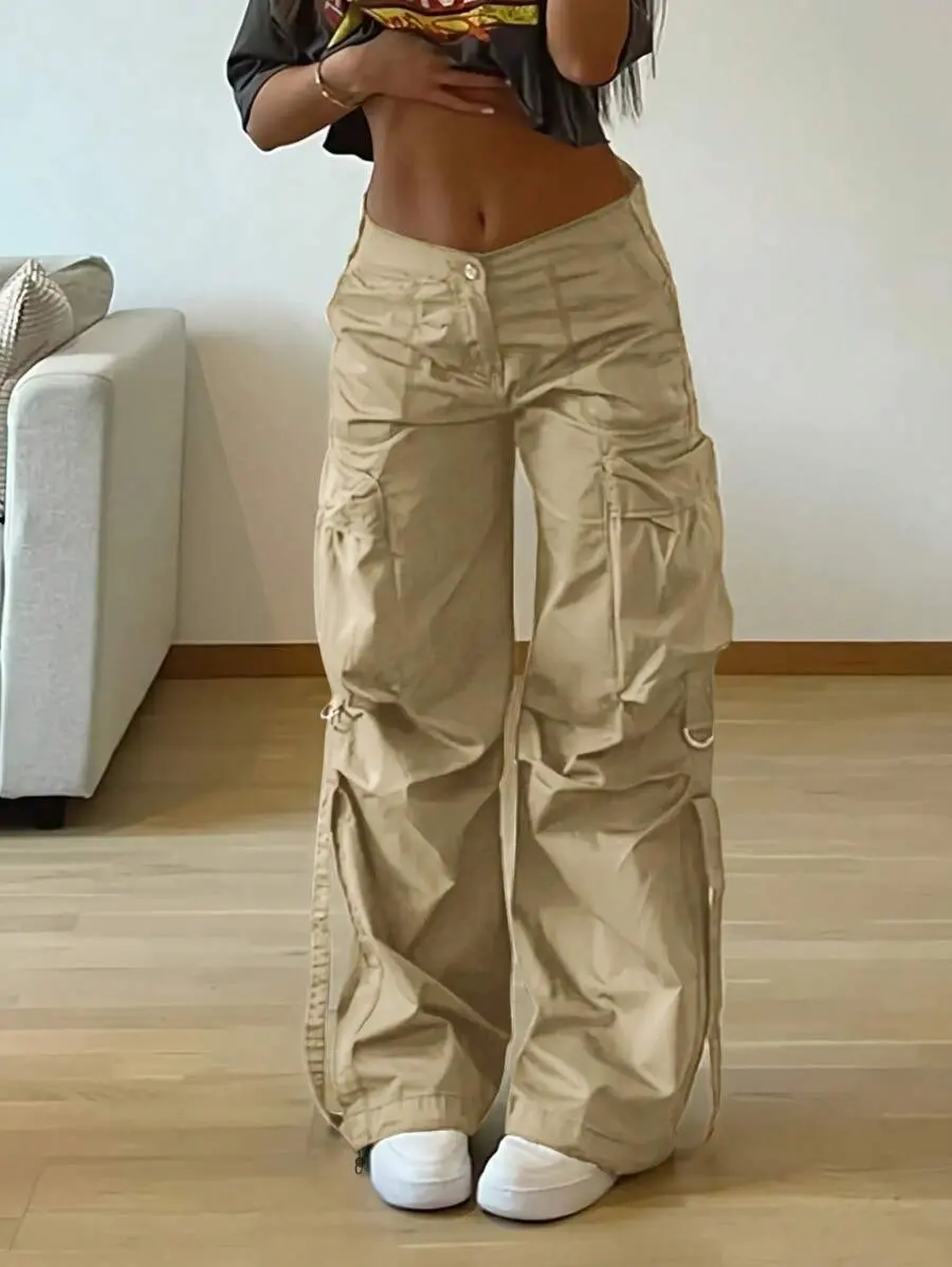 Street Flap Pocket Tape Detail Loose Casual Wear Wide Leg Parachute Cargo Pants