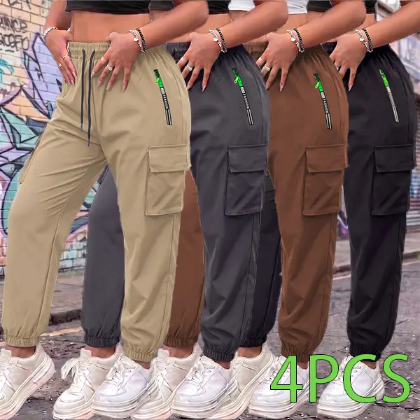 4-pack women’s summer cargo jogger pants with zippered pockets, stylish large pocket design, elastic waistband with stretch, casual outdoor/everyday wear slim-fit long pants